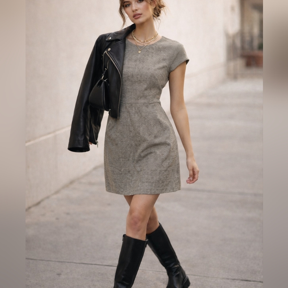 H&M Houndstooth Mini Lined Sheath Dress | Tailored Chic | Quiet Luxury | Small